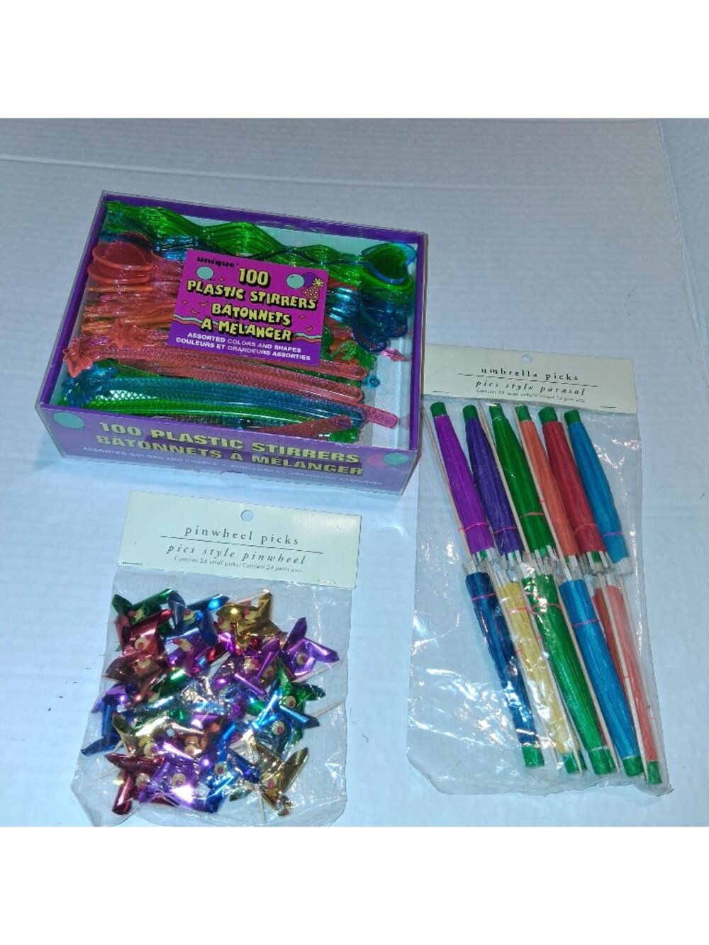 100 Plastic Stirrers & Party Picks Set Assorted Colors & Shapes Includes Umbrell